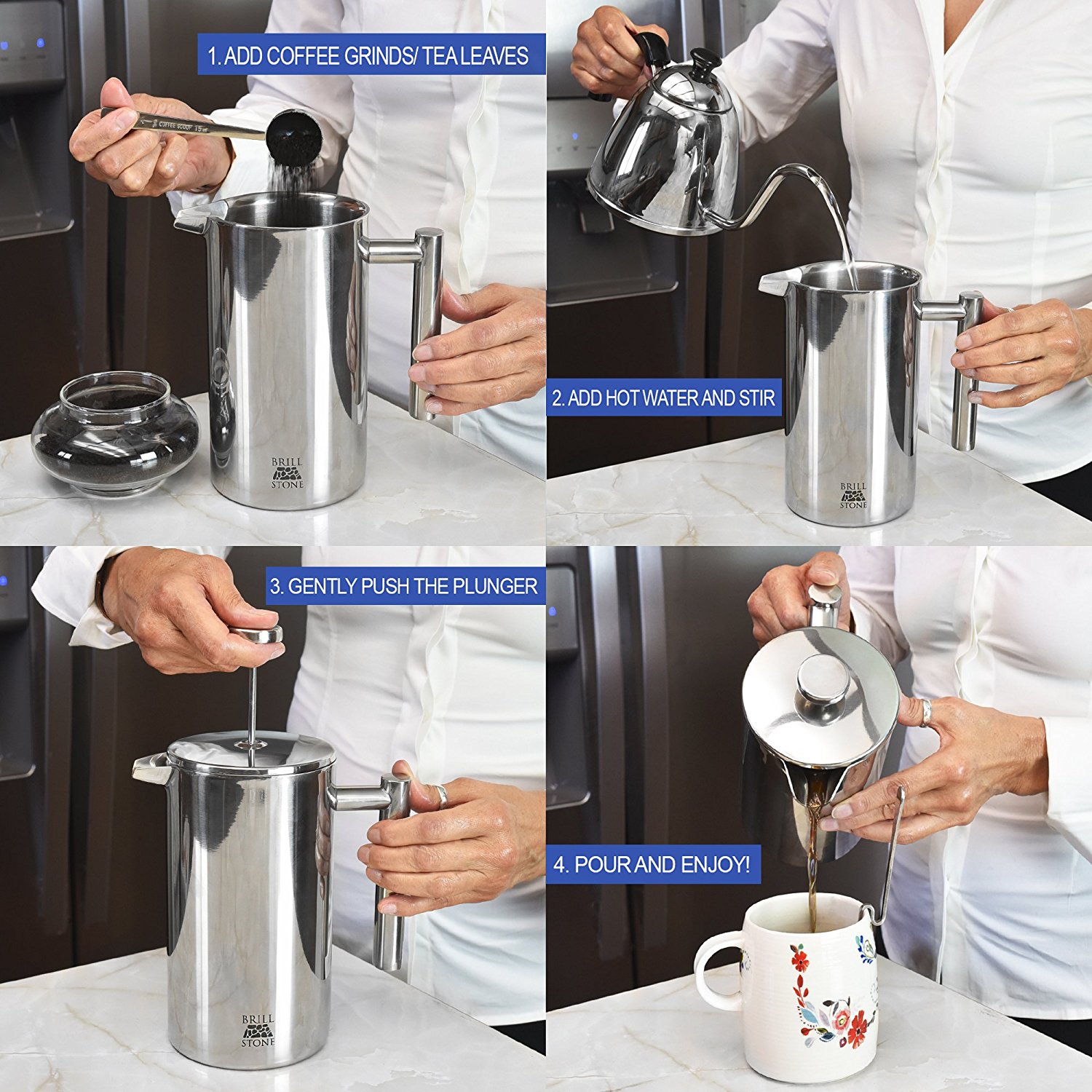 Stainless Steel French Press Coffee & Tea Maker Complete Bundle Chrome –  Welcome